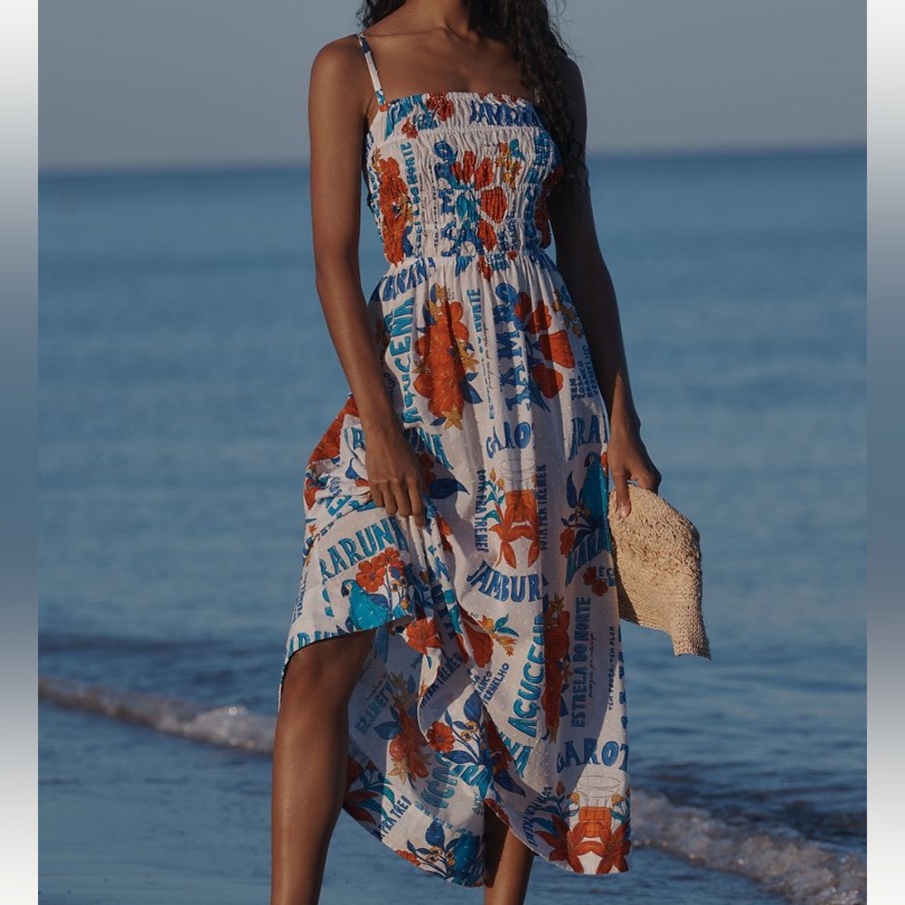 New FARM Rio Anthropologie Sleeveless Smocked Open Back Maxi Dress